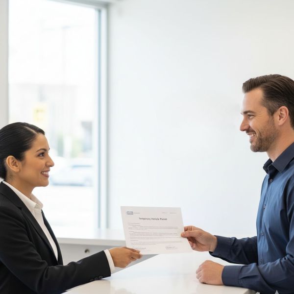 Professional service agent handing a document to a smiling customer in a bright, modern office.