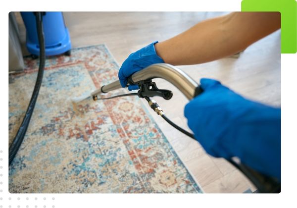 A professional carpet cleaner is treating a fresh, dark liquid spill on a light-colored carpet, demonstrating a fast response to a carpet emergency.