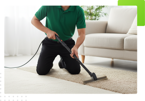 A smiling male carpet cleaning technician, dressed in a green polo shirt and dark pants, is kneeling on a light-colored residential carpet, actively cleaning it with a handheld steam cleaner, revealing a clear clean stripe. A modern living room with a sofa