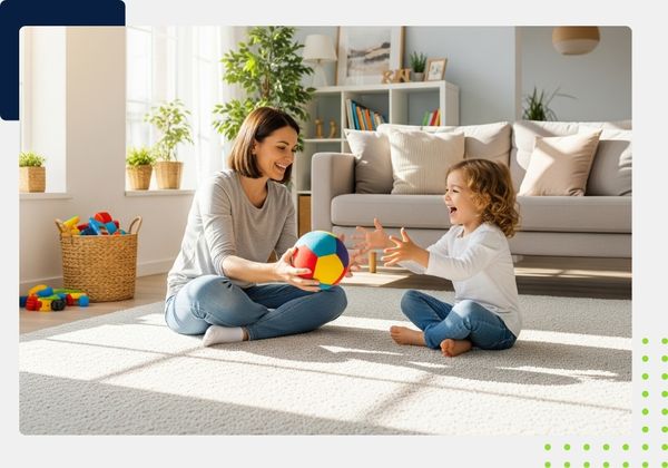 A parent and child are happily playing on a clean, plush carpet in a bright living room, symbolizing a safe and healthy home environment.