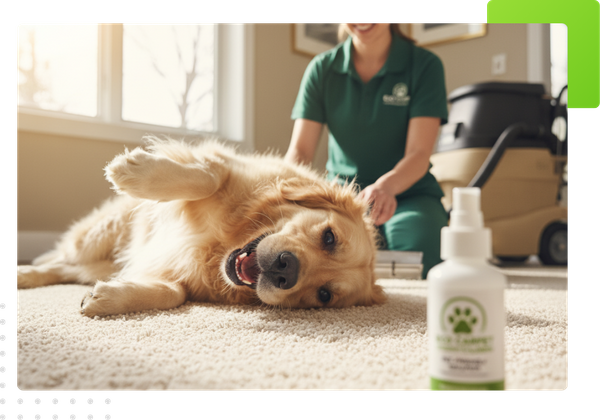 A happy Golden Retriever dog rolls playfully on a clean, light-colored carpet while a smiling Eco Carpet Clean technician, wearing a green polo, gently pats it in the background. In the foreground, a bottle of "Eco Carpet Clean Pet-Friendly" solution is vi