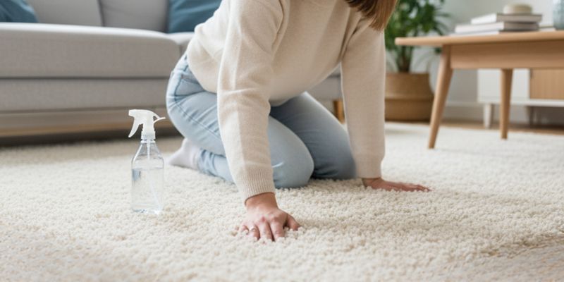 A cozy living room with a person kneeling to inspect the texture of a carpet, with a light spray bottle nearby.