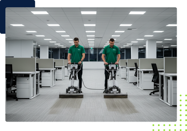 Two uniformed male cleaning technicians operate large commercial carpet cleaning machines in an expansive, brightly lit open-plan office space with numerous cubicles. They are cleaning the gray patterned carpet, with clear wet strips indicating their progr