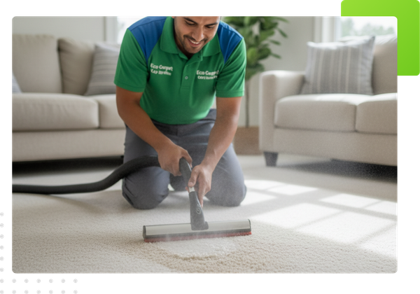A friendly Eco Carpet Clean technician is kneeling, diligently cleaning a light-colored residential carpet with a professional extractor tool