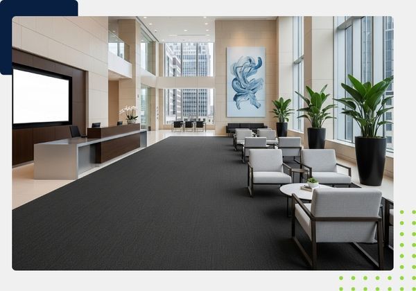 A sleek, modern commercial office lobby with a spotless, well-maintained carpet, showcasing a professional and clean business environment.