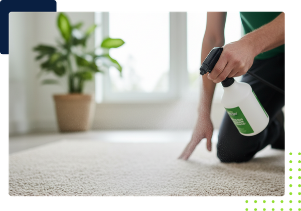A close-up shot of a cleaning technician, dressed in a green polo, kneeling and spraying a fine mist of eco-friendly cleaning solution from a white bottle onto a light-colored carpet. A blurred green houseplant and window are visible in the background