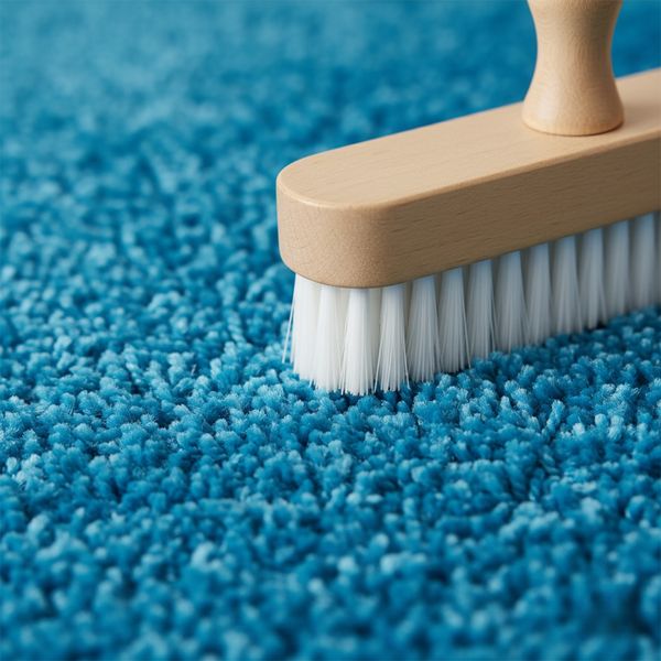 Close-up of soft polyester carpet fibers in a vibrant blue color, with a gentle, professional cleaning brush hovering nearby.