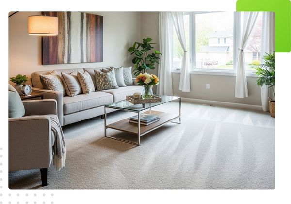 A beautiful residential living room with a freshly cleaned, plush carpet that looks bright and new, creating a clean, inviting atmosphere.