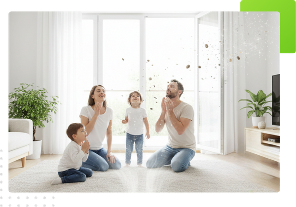 family breathing in fresh air from carpet