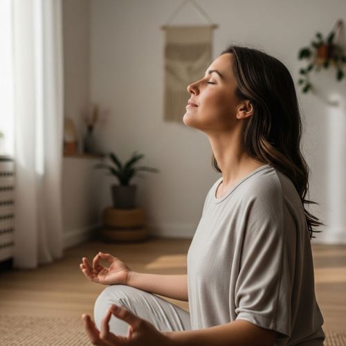 A calm woman meditating in a bright, peaceful space, representing stress management and lifestyle integration. A calm woman meditating in a bright, peaceful space, representing stress management and lifestyle integration.