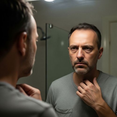 A man assessing his reflection in the mirror, symbolizing the recognition of health symptoms.