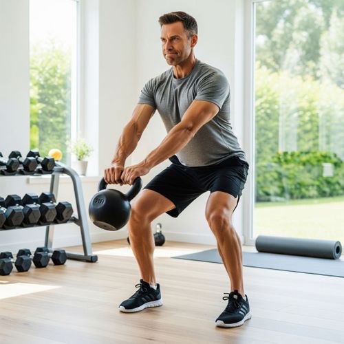 A fit man in his 40s exercising with a kettlebell, representing physical strength and energy. A fit man in his 40s exercising with a kettlebell, representing physical strength and energy.