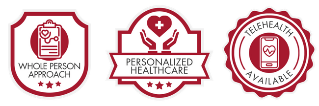 Trust Badges: Badge 1: Whole Person Approach  Badge 2: Personalized Healthcare  Badge 3: Telehealth Available 