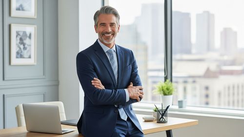 A confident and successful man in an office, looking healthy and content.