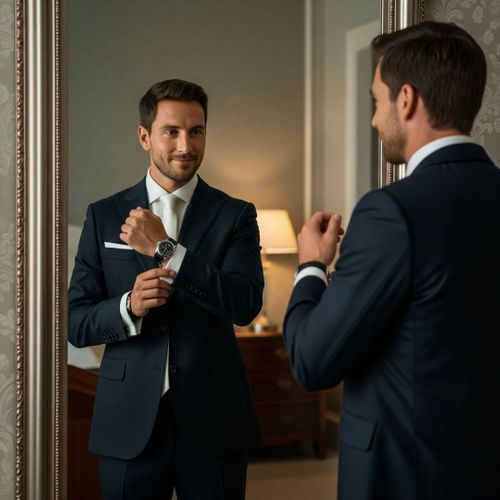 A confident man in a suit adjusts his watch, symbolizing self-esteem and readiness. A confident man in a suit adjusts his watch, symbolizing self-esteem and readiness.