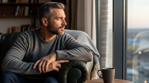 A man looking thoughtful and calm, contemplating his health and future.