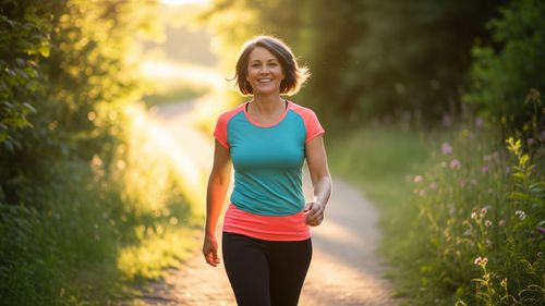 A happy woman enjoying a walk on a nature path, representing a holistic and healthy lifestyle.