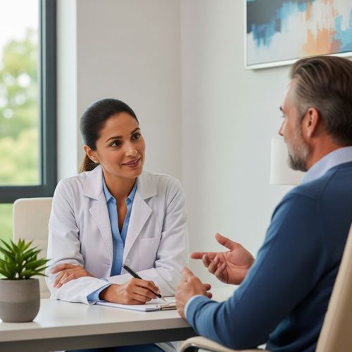 A holistic doctor having a caring and attentive consultation with a male patient in a bright office. A holistic doctor having a caring and attentive consultation with a male patient in a bright office.