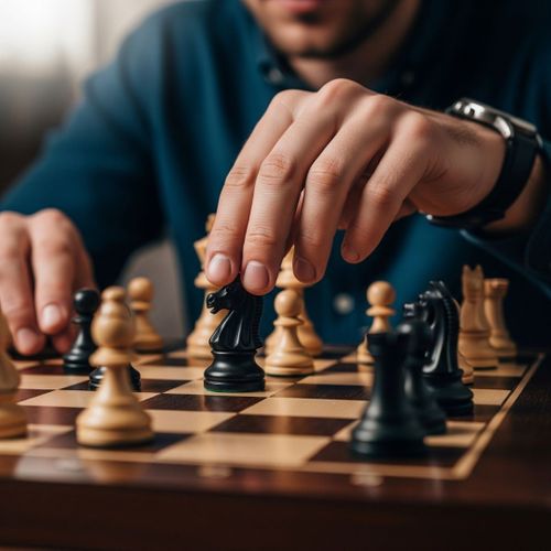 A man's hands making a strategic move in a game of chess, representing mental focus. A man's hands making a strategic move in a game of chess, representing mental focus.