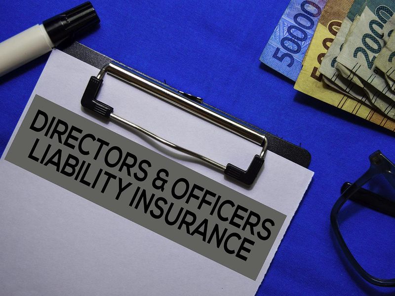 Clipboard that says Directors & Officers Liability Insurance sitting on a blue surface next to money