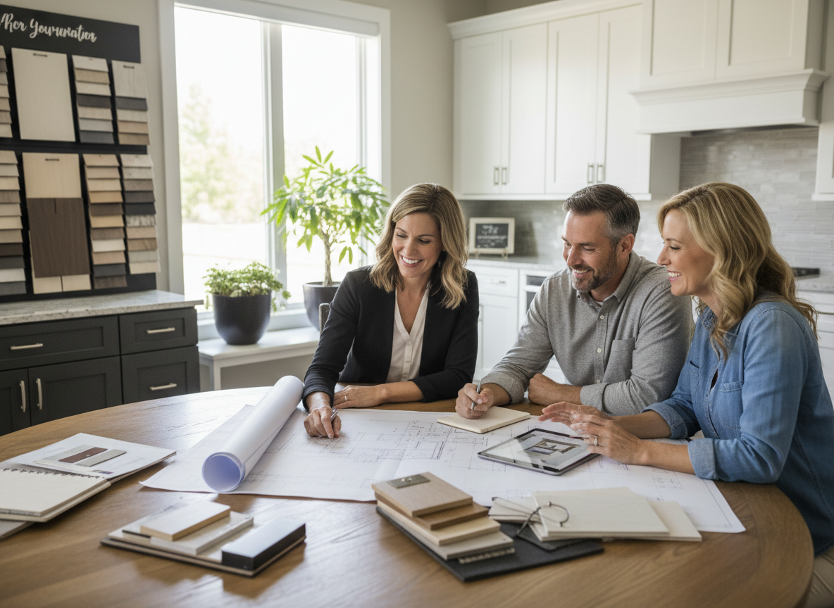 A couple meets with a designer to review blueprints, material samples, and digital renderings for their new home or renovation project. Home Design Consultation
