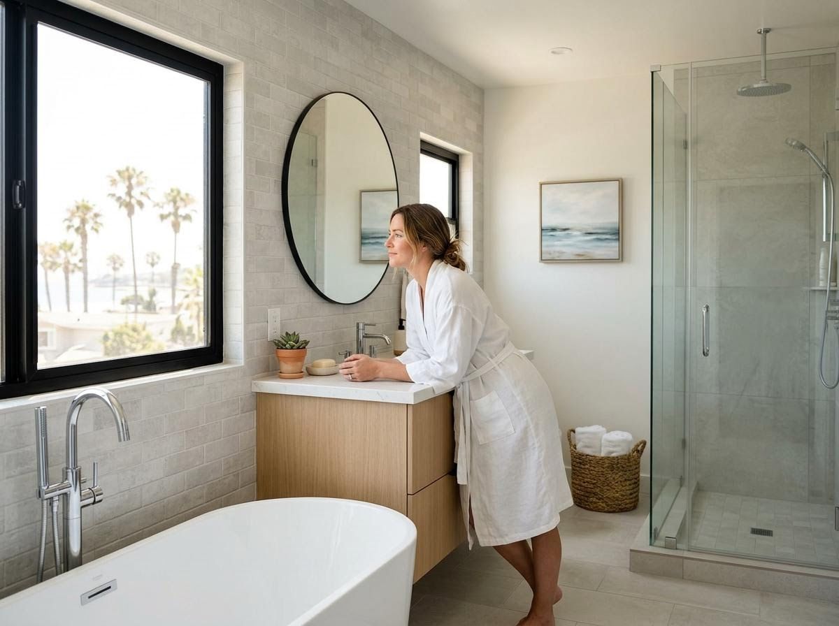 Woman in bathrobe in modern bathroom with ocean view