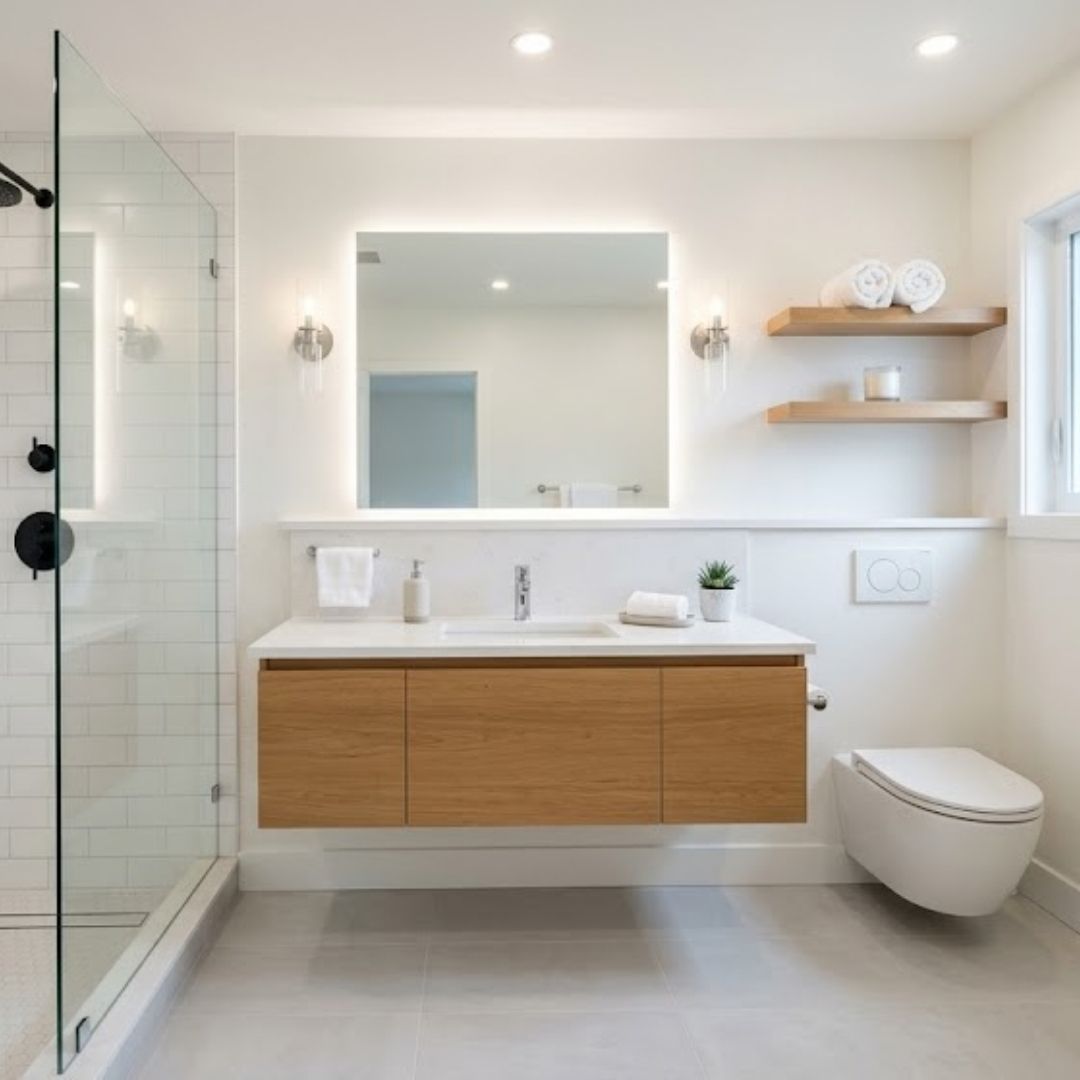 Modern bathroom with an illuminated, backlit mirror