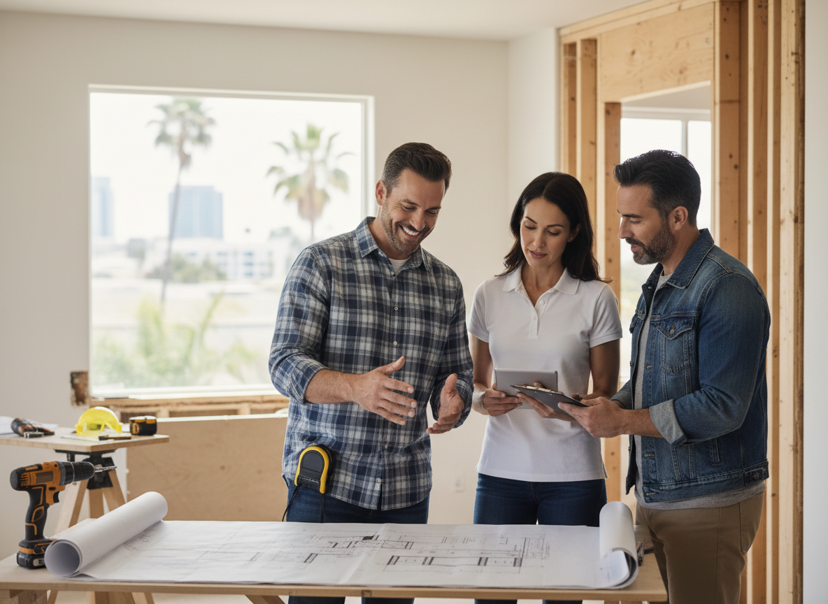 Couple and contractor reviewing home renovation blueprints