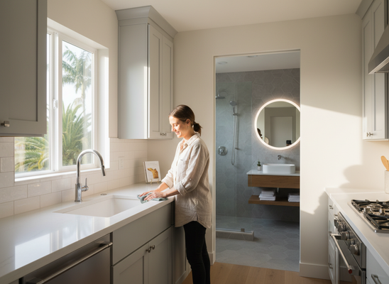 Woman Cleaning Modern Kitchen with Adjoining Bathroom