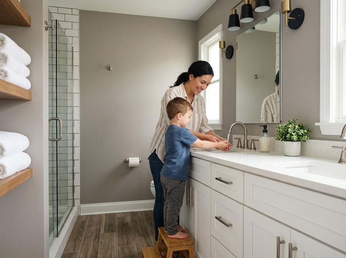 Mother and Child Washing Hands in Modern Bathroom