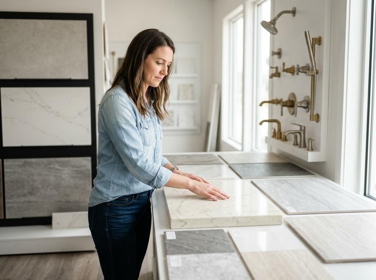 Woman Selecting Countertop and Tile Samples