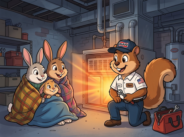 Heating specialist repairing a basement furnace to bring immediate warmth to a shivering rabbit family wrapped in blankets.