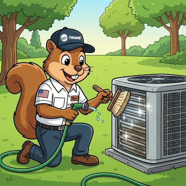Squirrel technician using a hose and brush to clean dirty coils on an outdoor AC unit.