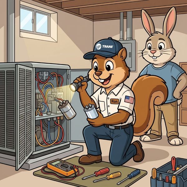 Squirrel technician inspecting electrical components inside an air conditioner with a flashlight.