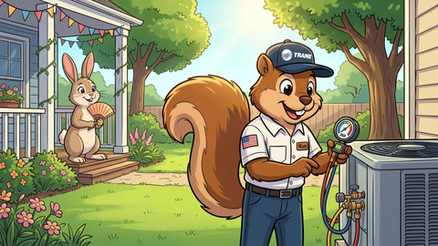 Squirrel technician inspecting an outdoor air conditioner unit while a rabbit homeowner stands nearby on a sunny day.