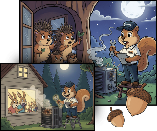 A 3D-animated night scene showing a worried hedgehog family and rabbit family looking out their windows at a steaming A/C unit, while J-Squirrel, in his signature navy cap and "Ron" name tag, stands ready with a wrench and tablet to save the day under a fu