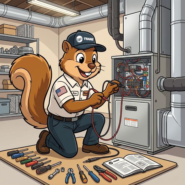 Squirrel technician checking indoor HVAC electrical components using a digital diagnostic tool.