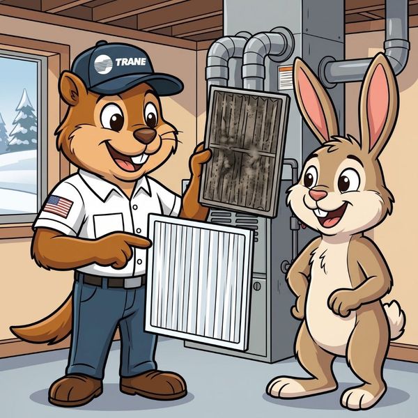 Squirrel technician showing a dirty, dust-clogged air filter next to a clean replacement filter.