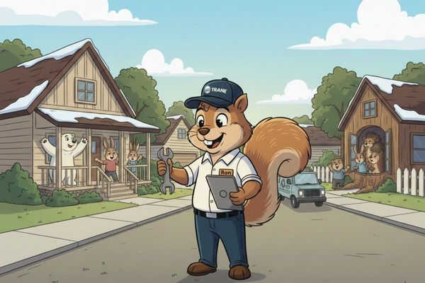 J-Squirrel standing confidently in a sunny neighborhood of cozy animal burrows and dens, holding a wrench and tablet with a Nuts About Comfort service van parked in the background as a polar bear and rabbit family wave from their porch.