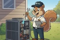 J-Squirrel, a friendly animated squirrel contractor wearing a light blue button-down shirt and tool belt, smiling as he inspects an outdoor air conditioning unit labeled "R22 Freon" with a wrench and digital tablet.
