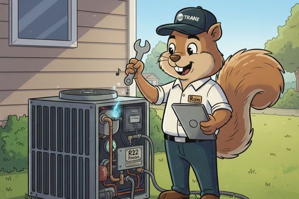 J-Squirrel, a friendly animated squirrel contractor wearing a light blue button-down shirt and tool belt, smiling as he inspects an outdoor air conditioning unit labeled "R22 Freon" with a wrench and digital tablet.