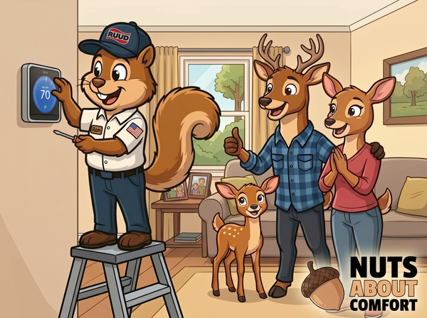 Nuts About Comfort technician installing a modern smart thermostat for a smiling deer family in their living room.