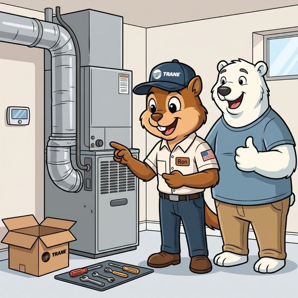 Squirrel technician standing beside a polar bear homeowner next to a new HVAC unit.