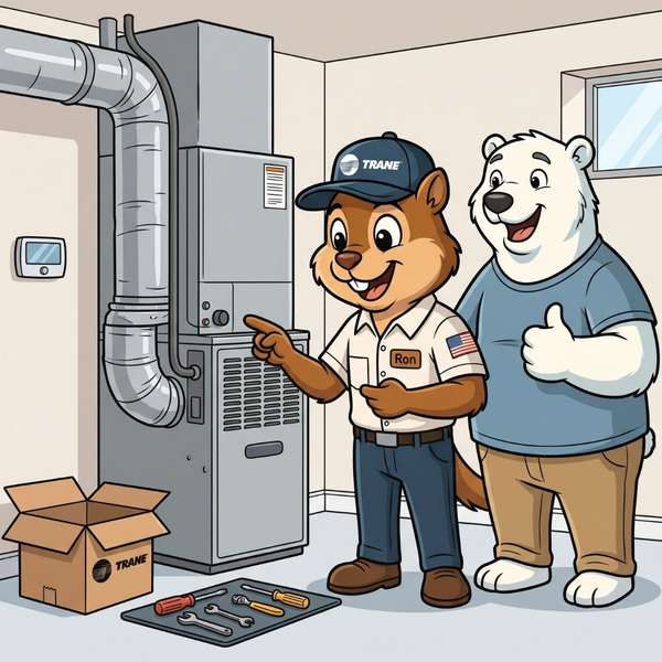 Squirrel technician standing beside a polar bear homeowner next to a new HVAC unit.