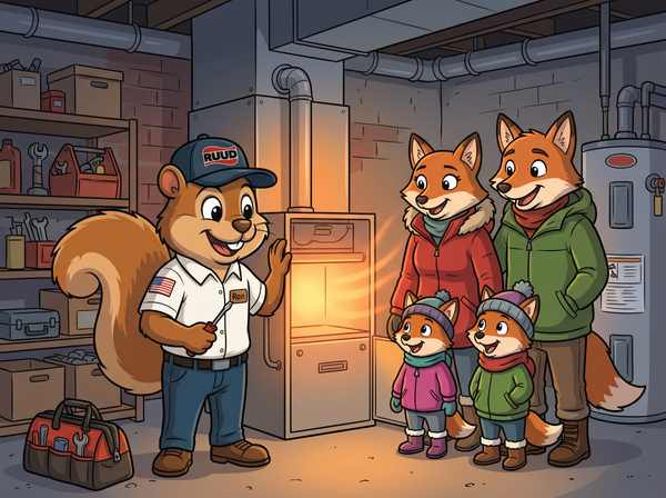 A Nuts About Comfort heating technician, restoring warm air from a basement furnace for a relieved fox family wearing winter coats.