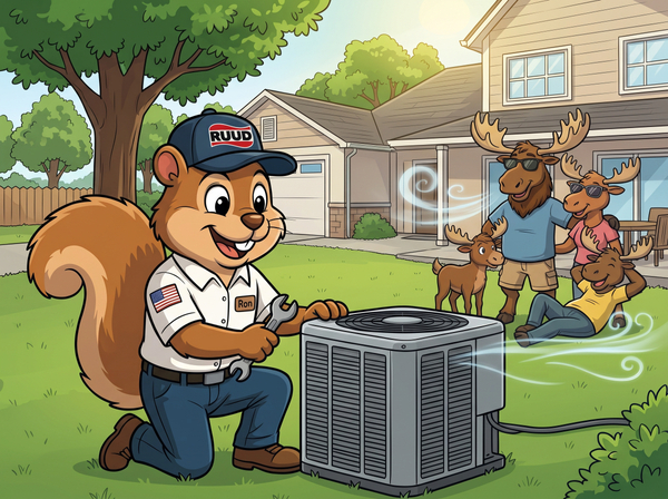 HVAC contractor repairing an outdoor air conditioning unit while a moose family enjoys the cool breeze in their backyard.