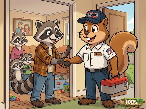 Nuts About Comfort HVAC technician shaking hands with a satisfied raccoon homeowner at their front door after a successful repair.