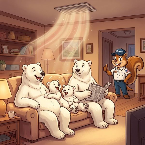 Polar bear family relaxing on a living room sofa under a warm air vent.