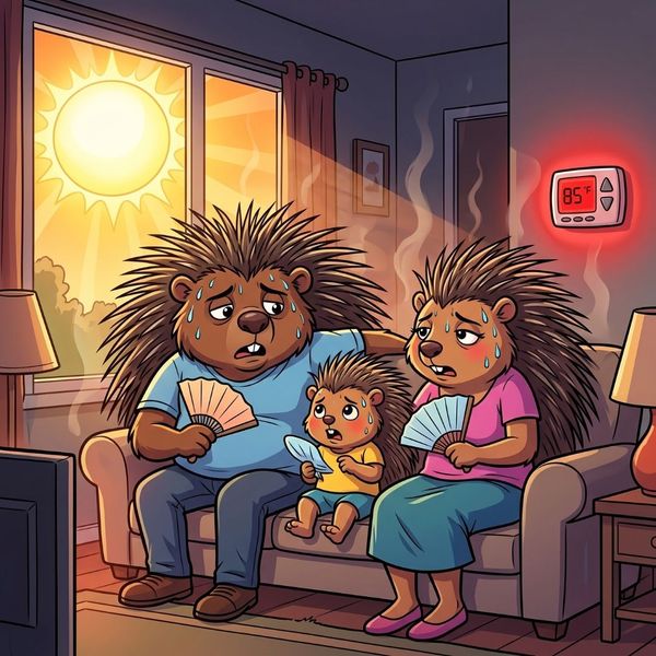 Hot and sweaty porcupine family holding fans in a warm room on a sunny day.