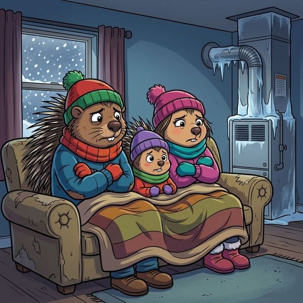Porcupine family shivering on a couch inside a cold room next to a broken furnace.